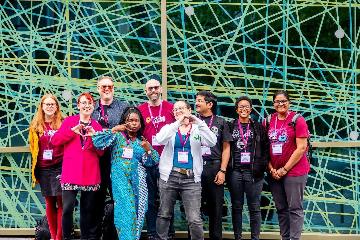 Group photo from all OLS-related people attending RSEcon24. From left to right: Patricia, Sarah, David, Debs, Toby, Yochannah, Aman, Pauline and Saranjeet