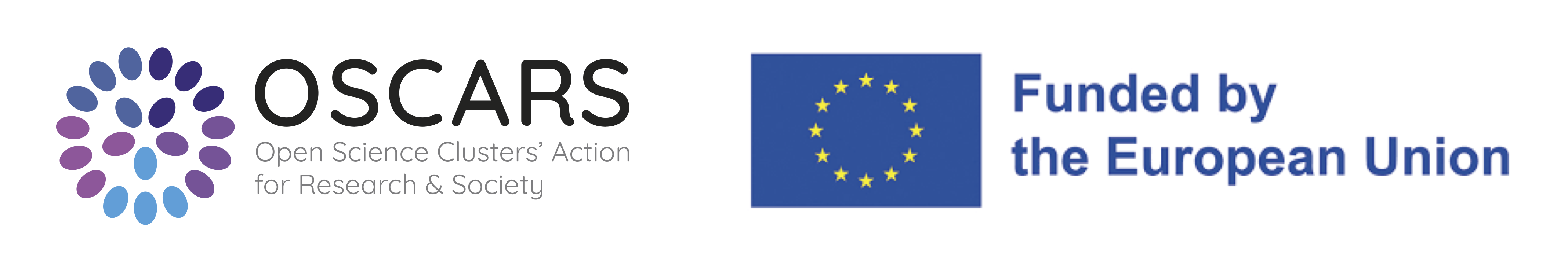 Photo shows two logos on a plain white background. The logo on the left has the acronym OSCARS, and its meaning "Open Science Clusters' Action for Research & Society" written in black text. The EU logo sits on the right, and is a blue square containing a circle formed by yellow stars. Further right of the blue square, are the words "Funded by the European Union"