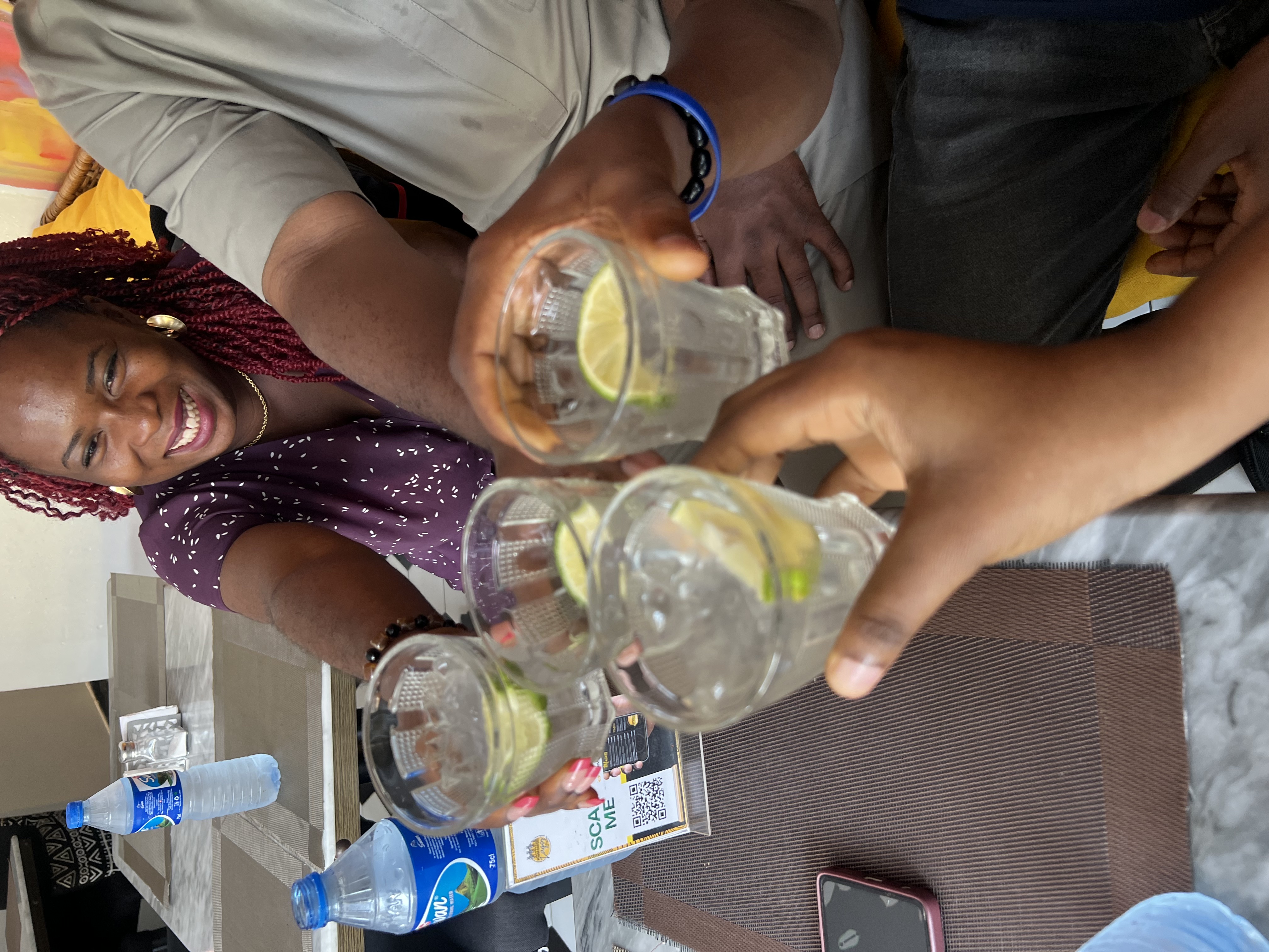 Photograph shows a group of four (4) raising their glasses in a celebratory toast. The glasses are filled with water, ice cubes and a slice of lemon.